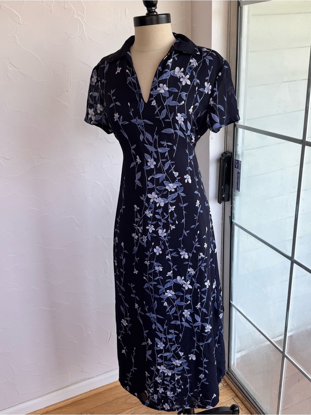 90s Vintage Navy Floral Sheer Midi Maxi Dress Tie Waist Size 6